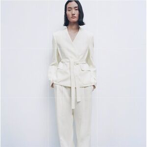 Zara Cream Colored Linen Belted Blazer, XS